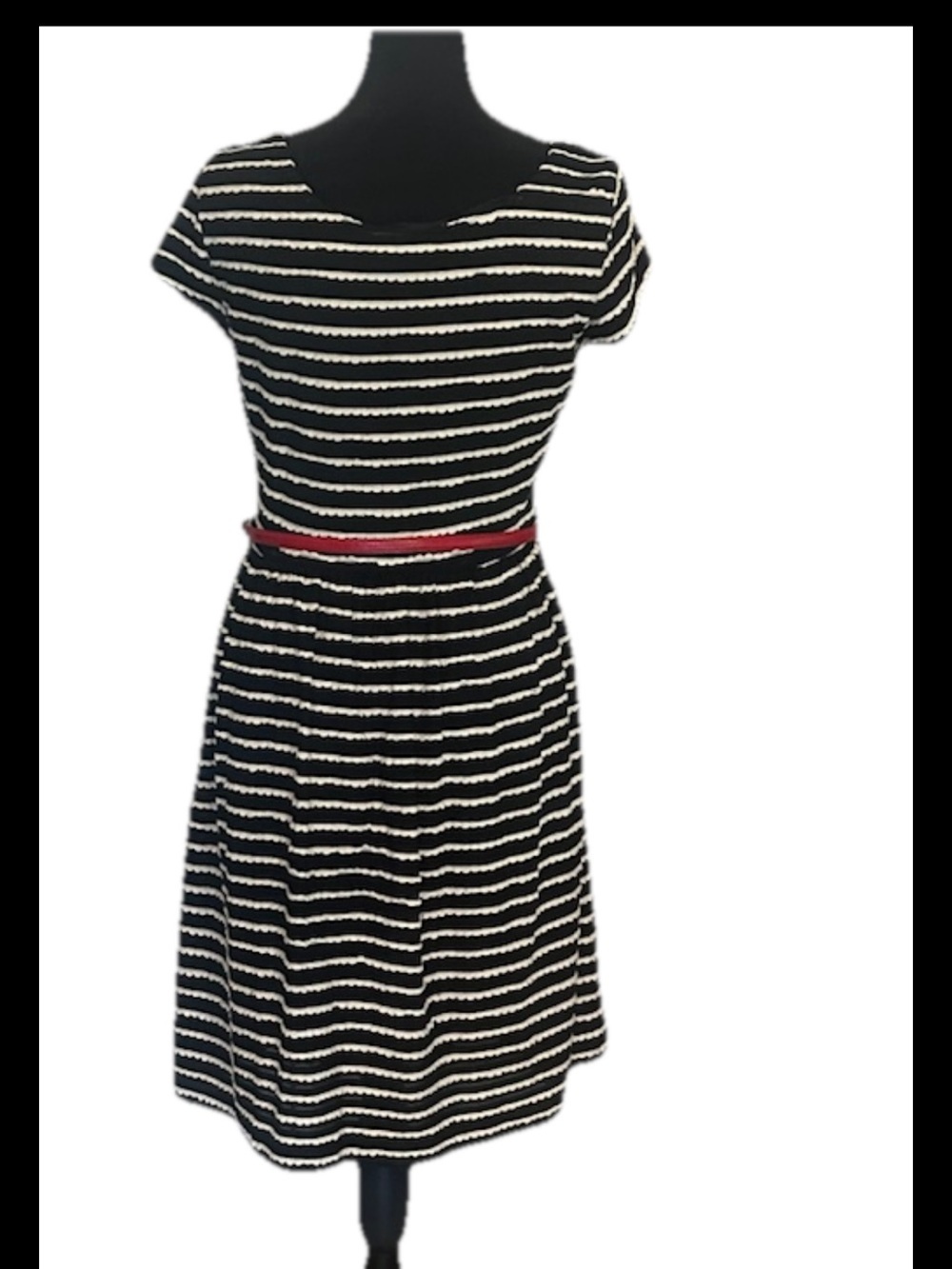 Jessica Howard Black White Striped Fit & Flare Scoop Neck Belted Dress 6 - Picture 4 of 5